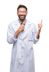 Poster - Adult hispanic scientist or doctor man wearing white coat over isolated background smiling and looking at the camera pointing with two hands and fingers to the side.