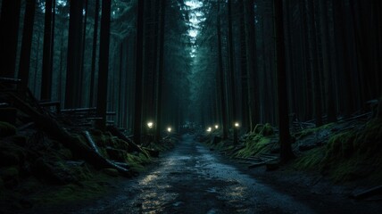 Sticker - A path in a dark forest at night. Generative AI image.