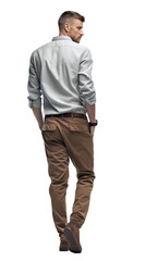 Wall Mural - Back view of an Isolated handsome young man wearing a shite shirt and tobacco chino trousers, walking,  cutout on transparent background, ready for architectural visualisation.