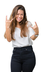 Sticker - Young beautiful brunette business woman over isolated background shouting with crazy expression doing rock symbol with hands up. Music star. Heavy concept.