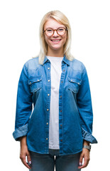 Sticker - Young beautiful blonde woman wearing glasses over isolated background with a happy and cool smile on face. Lucky person.