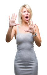 Wall Mural - Young beautiful blonde woman over isolated background afraid and terrified with fear expression stop gesture with hands, shouting in shock. Panic concept.