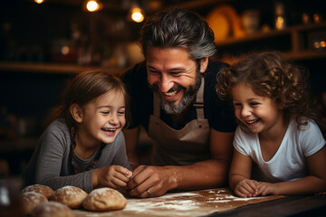 Father and children cooking on the kitchen. Generative AI