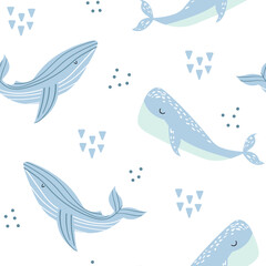 Seamless pattern with cute whales. Creative children's texture in Scandinavian style. Whales in pastel colors. Suitable for fabric, textiles, clothes for newborns. Marine theme. Vector illustration.