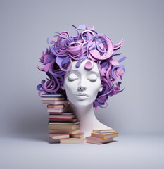 Wall Mural - A mannequin of a beautiful woman with books in shades of pastel purple. A surreal composition about education, reading, knowledge and studying. One peaceful mind, for book lovers. Generative AI.