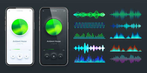 Wall Mural - Online audio player user interface, smartphone app UI design. Music, media streaming and listening platform. Responsive mobile application. Neumorphism. Various sound waves. Vector illustration
