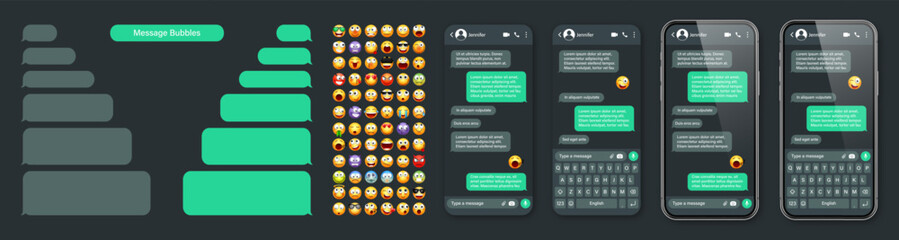 Smartphone messaging app, user interface with emoji. SMS text frame. Chat screen, green message bubbles. Texting app for communication. Social media application. Dark mode. Vector illustration