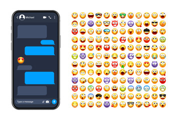 Smartphone messaging app, user interface with emoji. SMS text frame. Chat screen, blue message bubbles. Texting app for communication. Social media application. Dark mode. Vector illustration