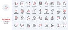 Healthcare, Global Financial Protection Shield For Health, Real Estate And Business, Marriage Contract And Education Agreement. Insurance Trendy Red Black Thin Line Icons Set Vector Illustration.