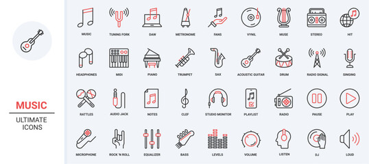 Poster - Interface menu buttons volume control pictogram, microphone headphone, acoustic instruments, notes musical digital technology symbols. Music trendy red black thin line icons set vector illustration.
