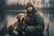 A hunter with a retriever dog by a serene lake, showcasing the bond between man and dog in the hunting experience. Generative AI