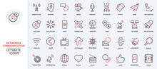 Global Support, Communication Tower Satellite System, Email Notification Chat Messages Symbols. Vector Illustration Of Trendy Red Black Thin Line Icons Set For Social Media Global Network Technology.