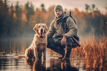 A Hunter With A Retriever Dog By A Serene Lake, Showcasing The Bond Between Man And Dog In The Hunting Experience. Generative AI