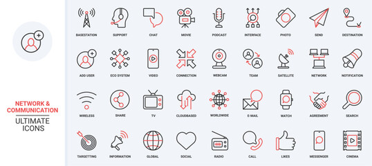 Poster - Global support, communication tower satellite system, email notification chat messages symbols. Vector illustration of trendy red black thin line icons set for social media global network technology.