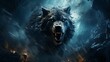 Furious wolf in the fire of destruction. Angry furry wolf with a growl giving a death stare. Beast causes chaos and destruction on a fire background. Fictional scary character with a grin on its face.