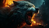 Fototapeta  - Furious wolf in the fire of destruction. Angry furry wolf with a growl giving a death stare. Beast causes chaos and destruction on a fire background. Fictional scary character with a grin on its face.