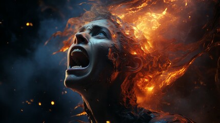 Angry demon yelling. Angry creature from hell with a growl, screaming. Beast causes chaos and destruction on a fire background. Fictional scary character crying in pain.