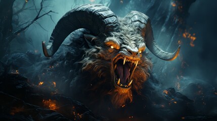 Angry beast with horns standing in the fire of destruction. Furious furry monster with a growl giving a death stare. beast causes chaos and destruction on a fire background. Fictional scary character.