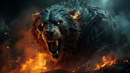 Furious bear in the fire of destruction. Angry furry brown bear with a growl giving a death stare. Beast bear causes chaos and destruction on a fire background. Fictional scary character with a grin..