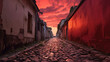 © Xavier - A terrifying view of a narrow alley in an old, abandoned city, under a sky filled with red clouds