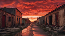 A Ghost Town With Dilapidated Buildings, Under A Sky Filled With Red Clouds