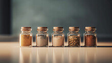 A Set Of Spices In Glass Jars On A Gray Uniform Background. Oriental Spices, Assorted Spices In Flasks. A Spicy Paprika Created In AI.