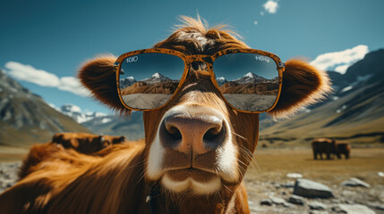 Happy cow wearing sunglasses created with generative AI technology