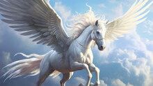 Mythical Creature Unicorn. Gorgeous Pegasus With Huge Wings And A Horn In Flight. Painted Powerful Unicorn In All Its Glory. A Horse Created In Ai.