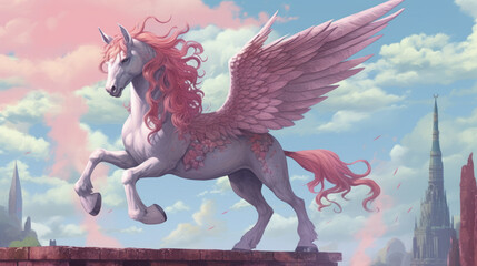 Wall Mural - Mythical creature unicorn. Gorgeous Pegasus with huge wings and a horn in flight. Painted powerful unicorn in all its glory. A horse created in ai.