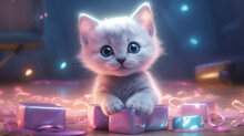A Small Thoroughbred Kitten In A Gift Box. Birthday Present For A Child, Adorable Cat And Best Friend. Created In Ai.