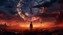 Man Faces Big Wall Clock With Sunset Landscape. 8k Resolution