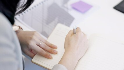 Poster - Closeup, business and woman writing, book and planning with ideas, brainstorming and creativity. Zoom, female person or administrator with a journal, schedule or information with a diary and reminder