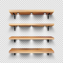 Realistic Wooden Store Shelves With Wall Mount And Lighting, Spotlights. Empty Product Shelf, Grocery Wall Rack. Mall And Supermarket Furniture, Bookshelf. Interior Design. Vector Illustration