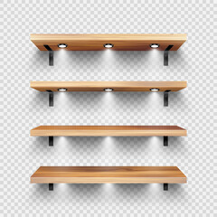Realistic wooden store shelves with wall mount and lighting, spotlights. Empty product shelf, grocery wall rack. Mall and supermarket furniture, bookshelf. Interior design. Vector illustration