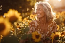 Happy Old Woman In Sunflowers. Portrait With Selective Focus And Copy Space