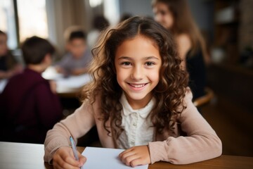 Poster - Cute happy child at the lesson. Back To School concept. Background with selective focus