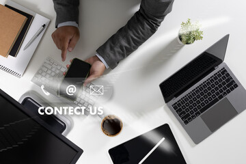 Poster - Contact Us Customer Support Person Connection CONTACT US (Customer Support Hotline people CONNECT) phone application blue background
