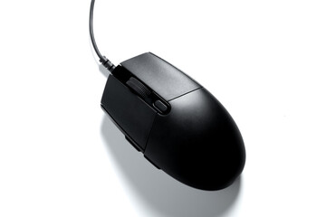 top view black mouse with cable on white background