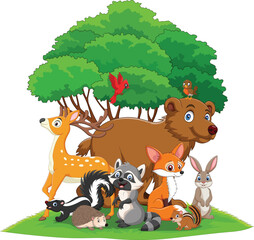 Sticker - Cartoon funny wild animals near the tree