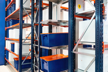 Poster - warehouse racks. multi-tiered full with boxes. modern warehouse furniture. blue plastic storage cont