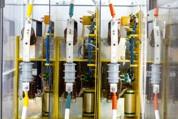 Poster - electrical transformers. power shield with equipment for electrification. fragment of electro mechan