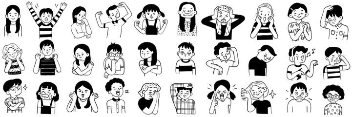 Wall Mural - Children's emotion expression bundle set. Hand drawn, doodle illustration in black and white, ink style. Various character, diversity, multi-ethnic. Outline, linear, thin line art. 