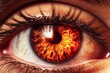 canvas print picture - a close-up beautiful eye of a female person. burning glowing fire in the eye iris. Generative AI
