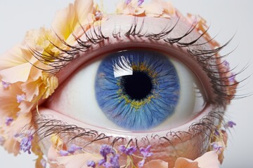 a close-up beautiful blue eye of a female person. natural growing floral yellow flowers in the eye iris. isolated on white background. Generative AI