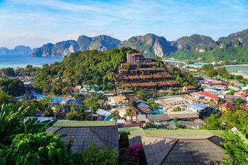 View over the urban area located on the isthmus at the center of Koh Phi Phi island from the Viewpoint 1 overlook, Province of Krabi, Thailand