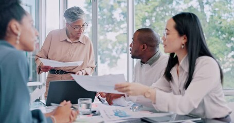 Poster - Laptop, training and planning with business people in meeting for idea, data analytics and branding. Logo, creative and strategy with employees in office for digital agency, teamwork and designer