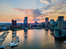 Aerial View Of The Sunset In The Inner Harbor In Baltimore, Maryland, United States.