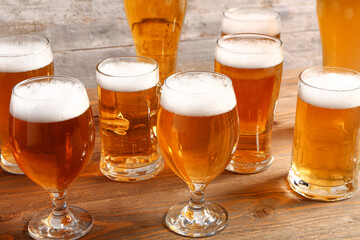 Glasses and mugs of cold beer on table. Oktoberfest celebration