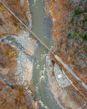 Aerial View Of The Grist Mill Walking Bridge And Patapsco River N Catonsville, Maryland, United States.