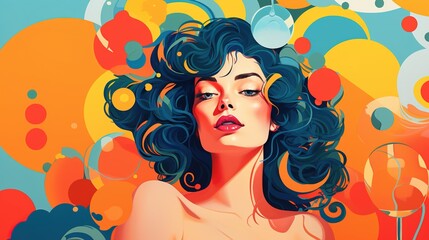 Wall Mural - Pop art colorful illustration of sexy woman head over abstract background